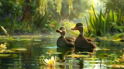 two cute ducks on the swamp - obrazy, fototapety, plakaty