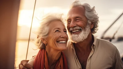 Zelfklevend Fotobehang Smiling mature caucasian couple enjoying leisure sailboat ride in summer © dvoevnore
