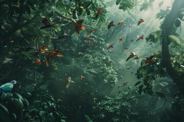 teeming rainforest canopy, populated with a variety of tropical birds and beasts