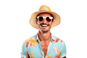 Portrait happy man with summer holiday beach outfits isolated on transparent background for realax at beach on vacation, travel and holidays vacation concept.