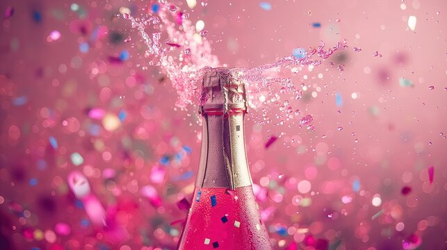 Champagne z konfetti na r&oacute;żowym tle