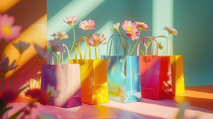 Grupa kolorowych toreb z kwiatami - obrazy, fototapety, plakaty