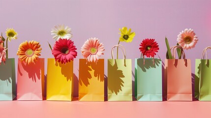 Rząd kolorowych torb zakupowych z kwiatami - obrazy, fototapety, plakaty