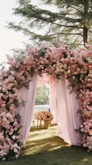Wedding tent for a summer wedding celebration in nature, a festive pink covered tent decorated with flowers