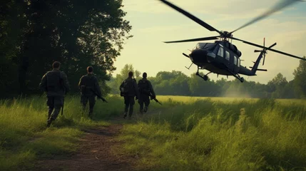 Crédence de cuisine en verre imprimé hélicoptère a group of special forces soldiers go into battle under the cover of a helicopter.