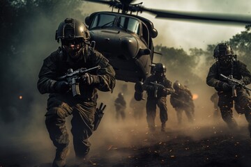A helicopter kicks up sand as special forces soldiers disembark, projecting a powerful image of military precision and readiness for action. - obrazy, fototapety, plakaty