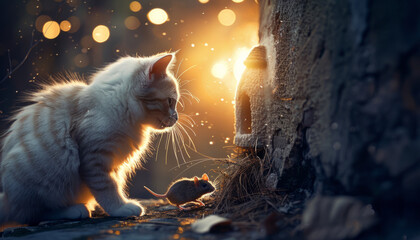 A cat hunts a cute mouse near a mink. Friendship between cat and mouse.