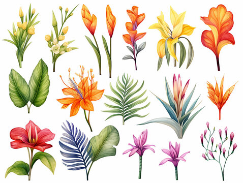 Colorful Tropical flowers, palm leaves, jungle leaf, bird of paradise flower, hibiscus. Vector exotic illustrations, floral elements isolated, Hawaiian bouquet for greeting card, wedding, wallpaper