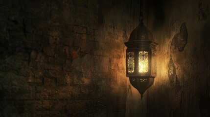 Fototapeta na wymiar traditional Islamic lantern illuminating a darkened room.