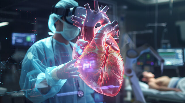 A surgeon performs heart surgery using a robotic arm and virtual reality