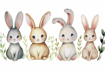 Fototapeta premium Set of cute rabbit or bunny watercolor isolated on white background. Vector illustration