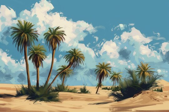 An illustrated depiction of a tranquil desert scene, complete with sand dunes and graceful palm trees.