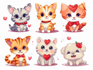 Cute cats and dogs doodle vector set. Cartoon dog or puppy kitten characters design collection with flat color in different poses. Set of funny pet animals isolated on white background.