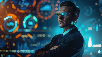 Mężczyzna w garniturze i okularach przeciwsłonecznych w futurystycznym otoczeniu wskaźników biznesowych - obrazy, fototapety, plakaty