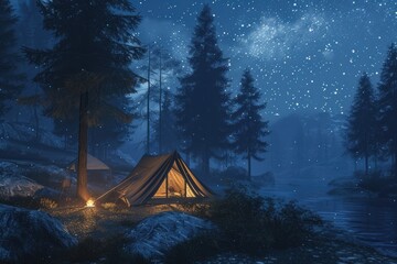 Starlit campsite in the midst of a serene forest