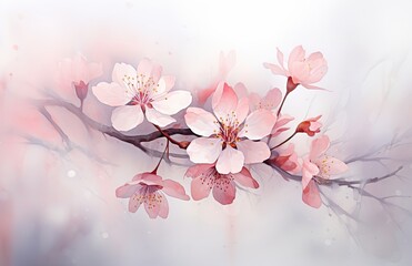 Pink cherry blossom on lilac blurred pastel background, watercolor illustration of sakura blossom branch for holiday invitations, event greeting cards, textile design Generative AI