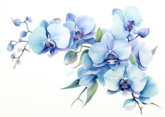 Watercolor illustration of blue phalaenopsis orchid flower on white background, for cards, wedding invitations, prints and posters, painting, wallpaper Generative AI