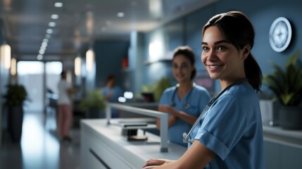 The nurse smiles while standing at the reception desk.