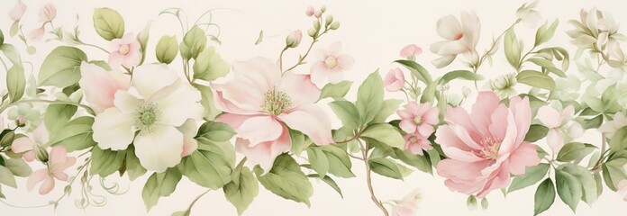 Fototapeta premium Floral border seamless horizontal watercolor illustration, garland of delicate pink flowers and green leaves for any holiday design, cards or invitations, wallpaper Generative AI