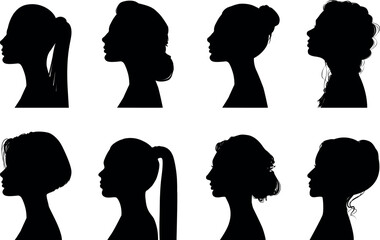Set silhouettes of women. Female emotions. A beautiful woman. Icon or avatar. Banner or your advertisement. Universal sign on isolated background.