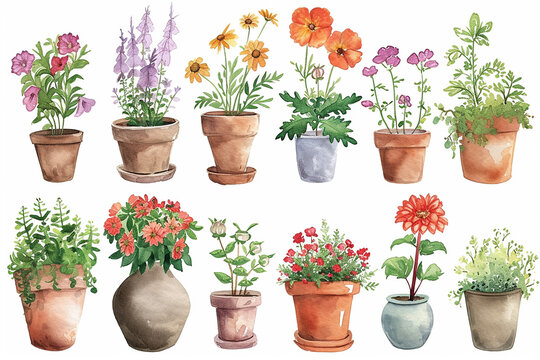Set of watercolor painting spring or summer flowers and leaves branch in pot garden plants vector illustration