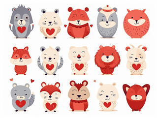 Cute animals in love. Valentines day loving animals with hearts. romantic Cartoon vector characters