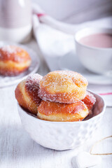 Donuts with sugar and cinnamon served with cocoa. Traditional dessert for Carnival. - 752503722