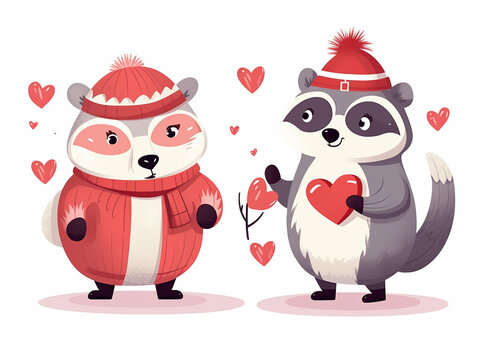 Set of watercolor cute pet animals couple for sticker valentin's day vector illustration