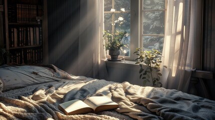 Otwarta książka na łóżku przed oknem na którą padają promienie słońca - obrazy, fototapety, plakaty