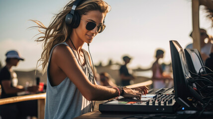 Girl in sunglasses DJ plays music at a beach party