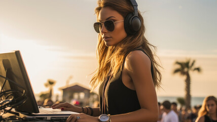 Girl in sunglasses DJ plays music at a beach party