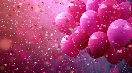 Różowe balony uniesione w powietrze wśród urodzinowych konfetti - obrazy, fototapety, plakaty