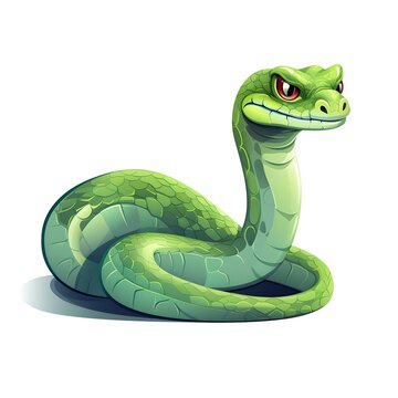 Friendly green cartoon snake with a sly smile isolated on white background