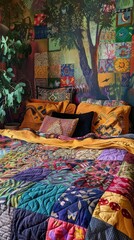 Bedroom with bed with patchwork quilt, colorful patchwork quilt