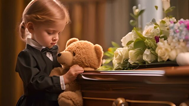 Young child's poignant grief at a funeral, clutching a teddy bear.generative ai