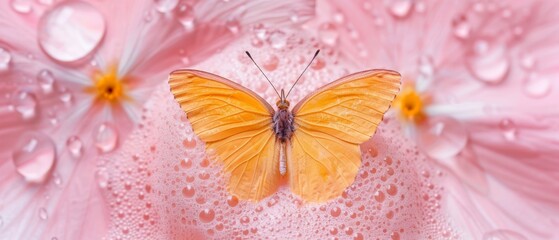 Fototapeta na wymiar a close up of a yellow butterfly on a pink and white background with drops of water on the petals of a flower.