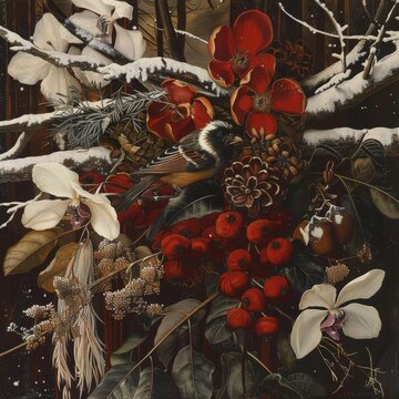  a close up of a painting of flowers and leaves in a snow covered forest with pine cones, berries, and pine cones.