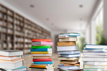 Books, notebooks lie in library background