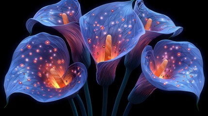  a close up of a group of flowers on a black background with red and blue lights in the middle of the petals.