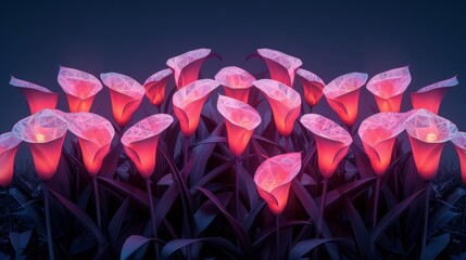 a bunch of flowers that are lit up with red lights in front of a dark background with a red light in the middle of the middle of the flowers.