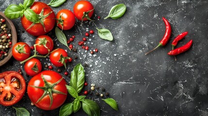  tomatoes, basil, pepper, peppercorn, and peppercorn seeds on a black surface with a bowl of peppercorn, peppercorn, peppercorn, peppercorn, peppercorn, and peppercorn.