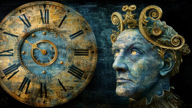  a close up of a clock with a statue of a man's face next to a clock with roman numerals.
