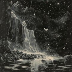  a painting of a waterfall in the middle of a night sky with stars and a bird flying over the waterfall.