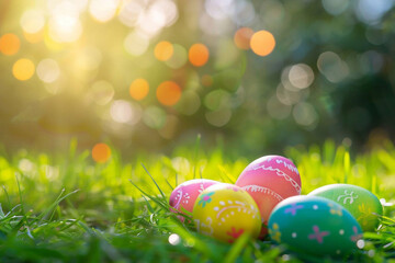 colorful Easter eggs on fresh green grass
