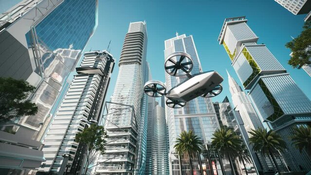 Flying taxi of the future. Drone taxi flying in the city. Future transportation technology
