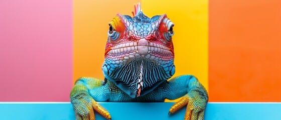  a close up of a colorful lizard on a blue and pink and yellow surface with a multi - colored background.