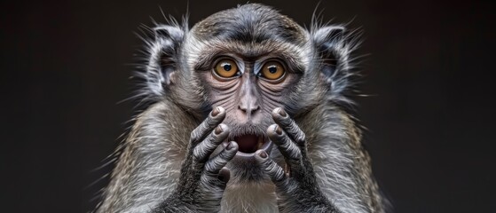  a close up of a monkey's face with its hands on it's face and it's eyes wide open.
