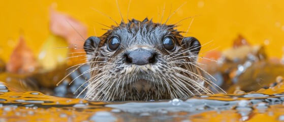  a close up of a wet otter swimming in a body of water with leaves on the side of the water.