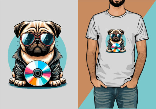 pug dog with cd  t-shirt design