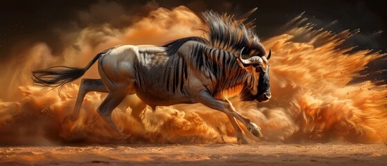  a digital painting of a wild horse running through a field of orange and yellow dust with its tail blowing in the wind.